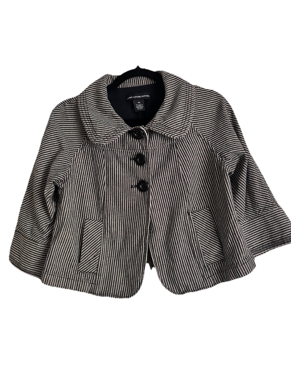 Larry Levine Petites Black White Stripe Cropped Jacket PS Cotton Swing Jacket